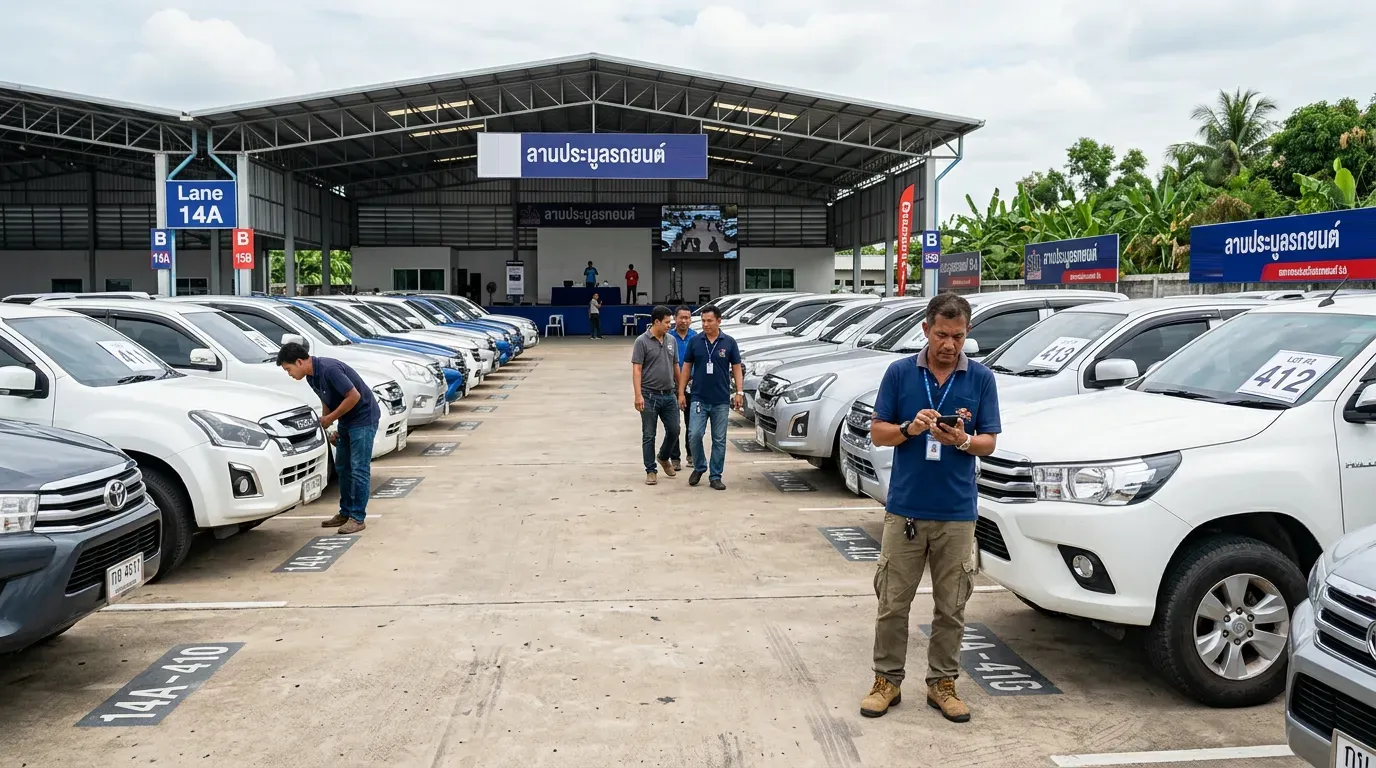 ลานประมูลรถ SIA กรุงเทพฯ — แถวรถกระบะและ SUV รอประมูล ดีลเลอร์กำลังตรวจรถ มือถือในมือ